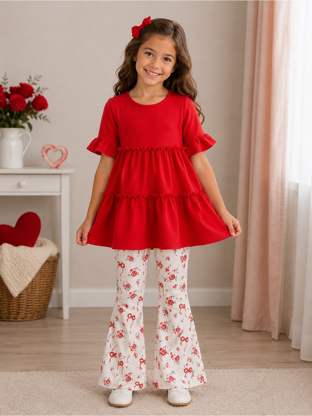 Rylee Faith Girls Re Ruffle Tunic & Bow Floral Twirl Pants Set
